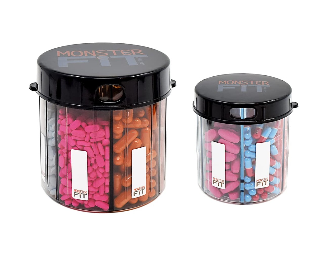 Monster & Monster Jr Supplement Medication Pill Dispensers 2 Pack with Labels, Extra Large and Small Pill Container Bottles Handle Almost Any Supplement, Easy to Dispense (Monster & Monster Jr.)