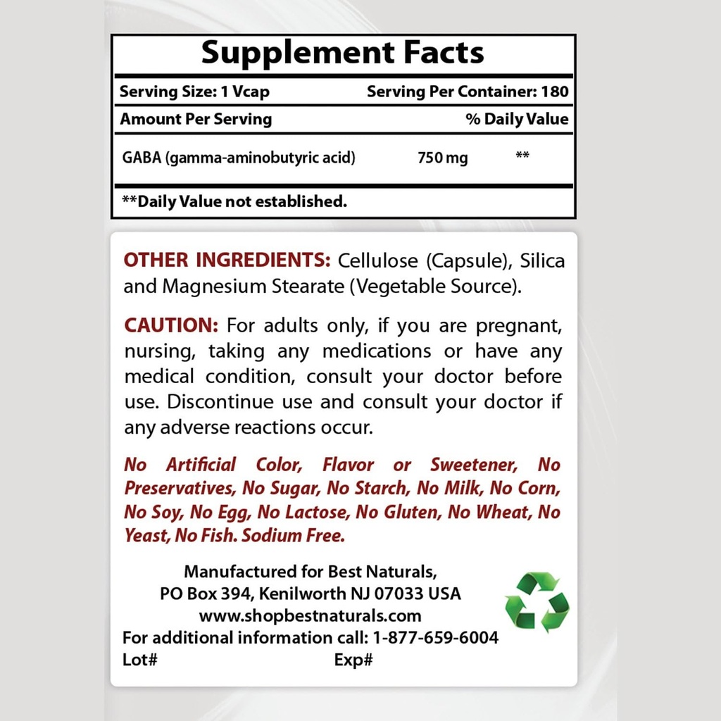 Best Naturals GABA Supplement 750mg & L-Theanine 200mg