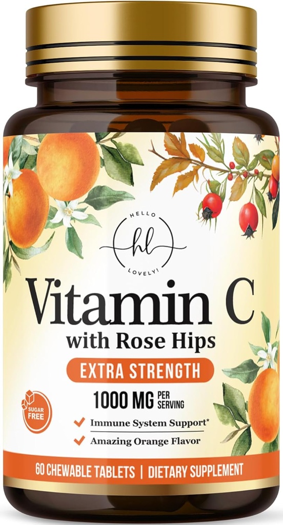 Συμπλήρωμα βιταμίνης C 1000mg - Extra Strength with Rose Hips Bioflavonoids - Sugar Free Vitamin C Chewable Pills, Nature's Vit C for Immune Support & Antioxidant Protection - 60 Chewable Tablets