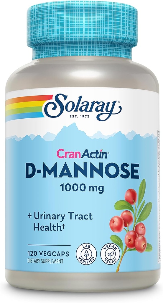 SOLARAY D-Mannose 1000mg με CranActin Cranberry Extract - D Mannose και Cranberry συμπλήρωμα με βιταμίνη C - Υποστηρίζει ούρα Φυλλαδική Υγεία - Vegan, 60-Ημέρες Εγγύηση