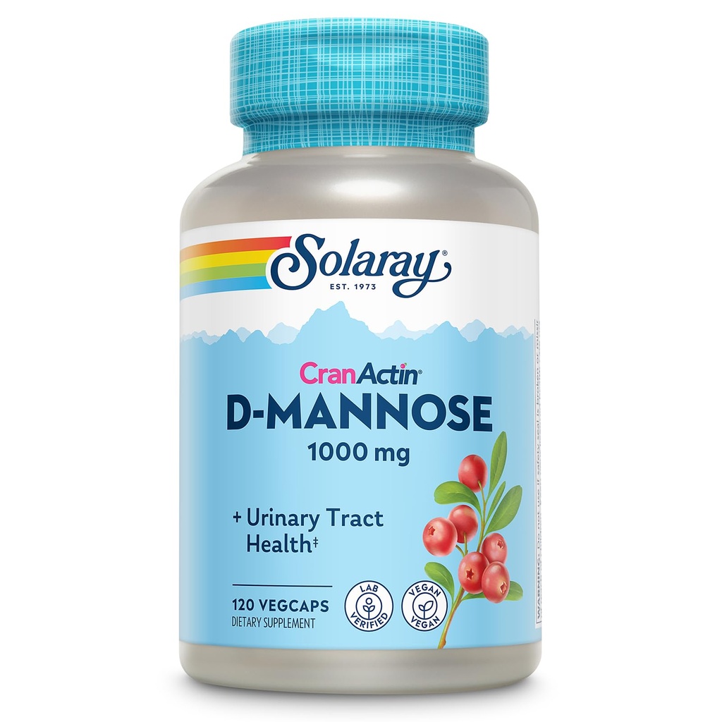 SOLARAY D-Mannose 1000mg με CranActin Cranberry Extract - D Mannose και Cranberry συμπλήρωμα με βιταμίνη C - Υποστηρίζει ούρα Φυλλαδική Υγεία - Vegan, 60-Ημέρες Εγγύηση