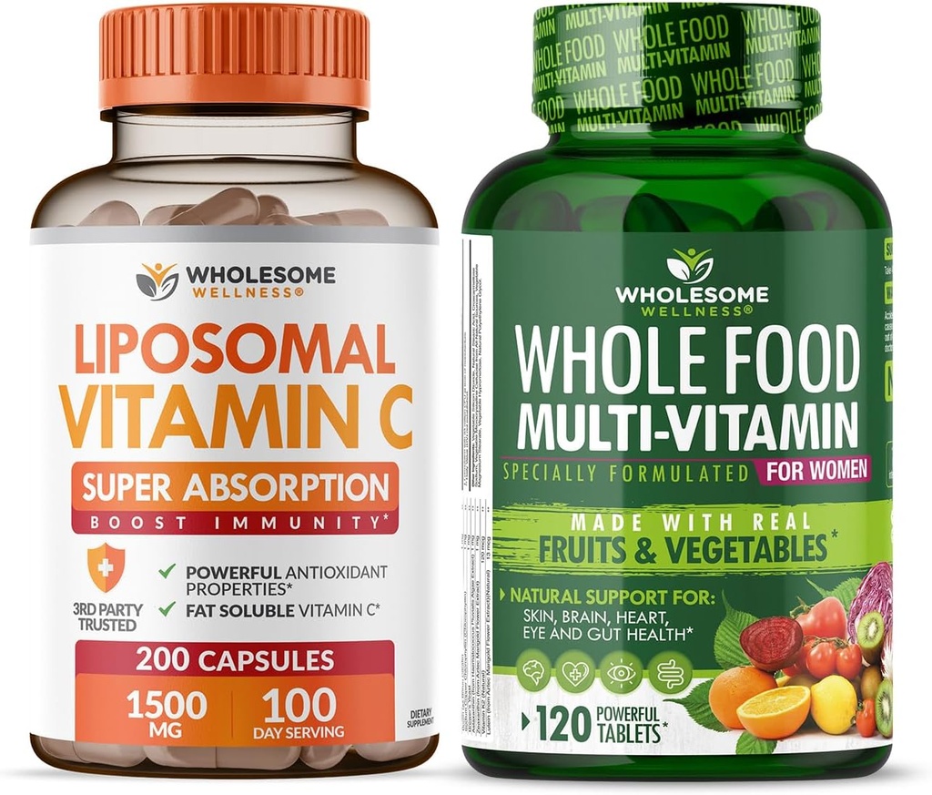 Υγιής ευεξία Liposomal Vitamin C Κάψουλες (200 χάπια 1500mg Buffered) Υψηλή απορρόφηση VIT C + ολόκληρες τροφές πολυβιταμίνη για τις γυναίκες - Φυσικές πολυ βιταμίνες, ορυκτά, οργανικά εκχυλίσματα Bundle