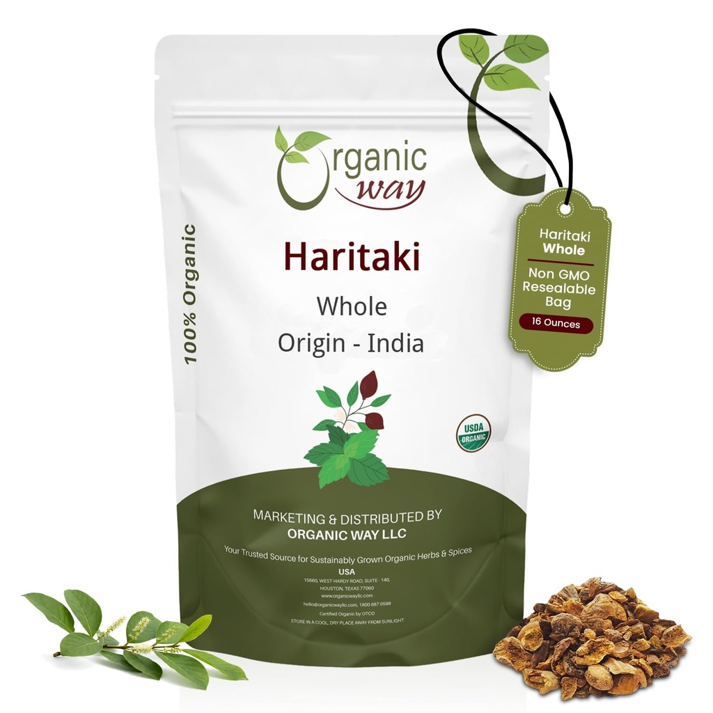 Organic Way Haritaki Whole (Chebulic Myrobalan) | Terminalia Chebula (Yellow Myrobalan) | Kosher & USDA Certified | Vegan, Non-GMO & Gluten Free | 100% Raw from India (16 oz - 1 lbs)