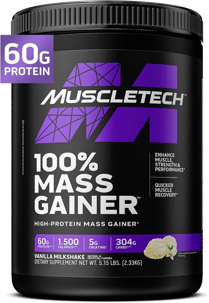 MuscleTech High Protein Mass Gainer για άνδρες & γυναίκες - Protein Powder Shakes for Weight Ain, Muscle Building & Recovery with Creatine Monohydrate - Vanilla Milkshake, 5,15 Λίρες