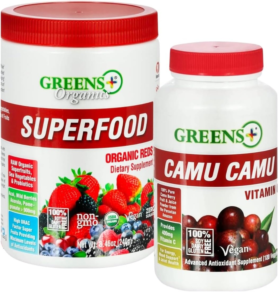 Πράσινοι+ Βιολογικά Ερυθρά Superfood σκόνη Camu Camu Διαιτητικό 400mg Βιταμίνη C SuperFruit συμπλήρωμα 120 κάψουλες, 100% Φυσικές, Βιταμίνες & Ορυκτά, Vegan, Σόγια/Dairy/Gluten Δωρεάν