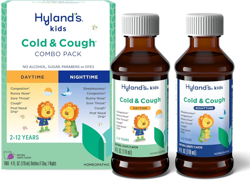 Παιδιά Hyland κρύο και βήχα, Day and Night Combo Pack, Ψυχρή Ιατρική για την ηλικία 2 και πάνω, Grape Syrup Syrup Cough Medicine για τα παιδιά, Nasινικό αποσυμφορητικό, 4 Fl Oz (Pack of 2)