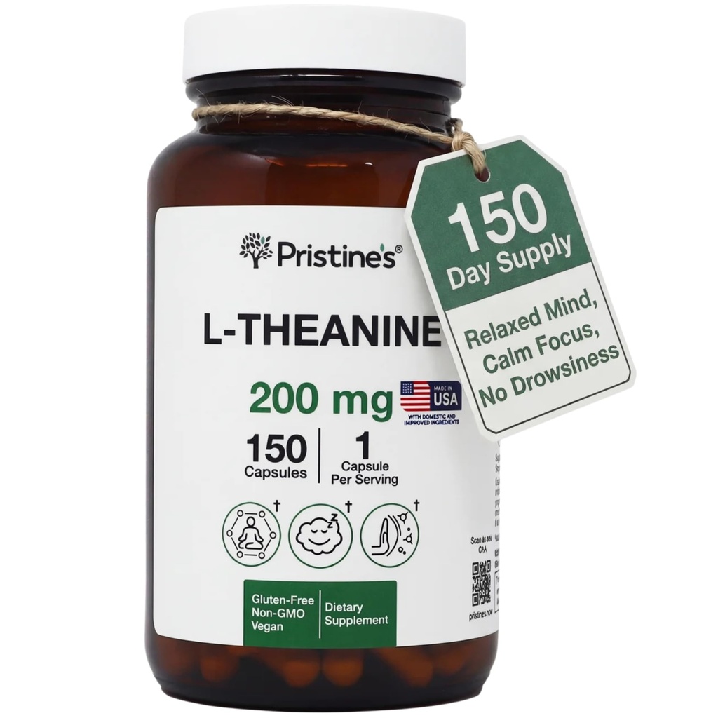 PRISTINE'S L Theanine Sleep Quality Support Amino Acid Supplement - 200MG 150 Day Supply - Relaxation & Mood Support Caps - Vegan Non-GMO & Gluten Free