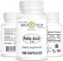 Bio-Tech Pharmacal Folic Acid (5 mg), 100 Capsules – All-Natural Supplement – Supports Cardiovascular, Nervous System, & Prenatal Health – No Dairy, Fish, Gluten, Peanut, Shellfish, GMOs, Halal, & Soy