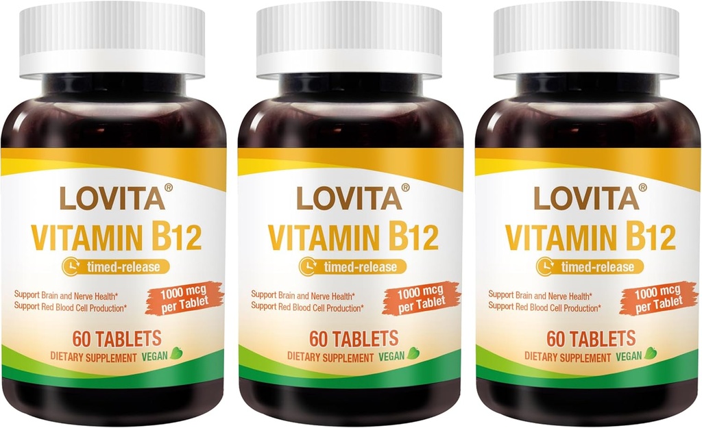 Lovita Vitamin B12 1000 mcg (Β12 Βιταμίνες ως Κυανοκοβαλαμίνη), Χρονική απελευθέρωση B12, Vegan-Friendly, Υποστηρίζει το νευρικό σύστημα, 60 χορτοφαγικά δισκία (2 Μήνες Προμήθεια) (Pack of 3)