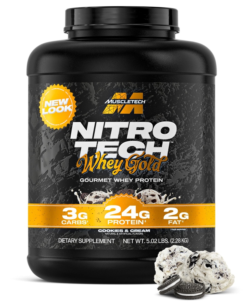Muscletech Whey Protein Powder (Cookies & Cream, 5LB) - Nitro-Tech Whey Protein Isolate Smoothie Mix for Lean Muscle & Recovery - 24g Whey Gold Protein for Women & Men - Συσκευασία Μαΐου Vary