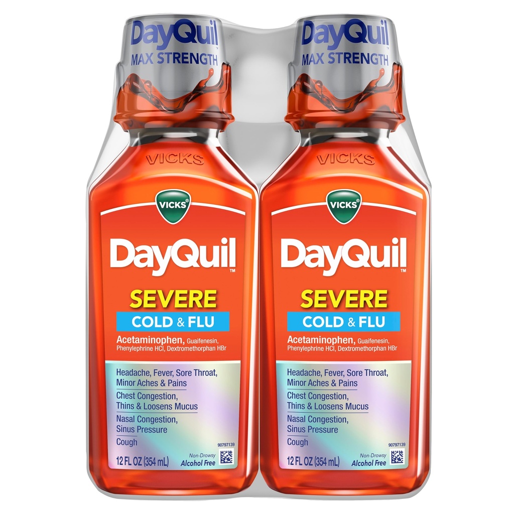 Vicks DayQuil Σοβαρή Ψυχρή & Γρίπη Υγρή Ιατρική, Μέρα Ανακούφιση για Πονοκέφαλο, Πυρετός, Πονηρός Λαρύγγι, Ανιχνευτές & Πόνοι, Θωρακική Συμφόρηση, Στομαχική μύτη, Ρινική Συμφόρηση, Πίεση του κόλπου, & Βήχας, 2x12oz