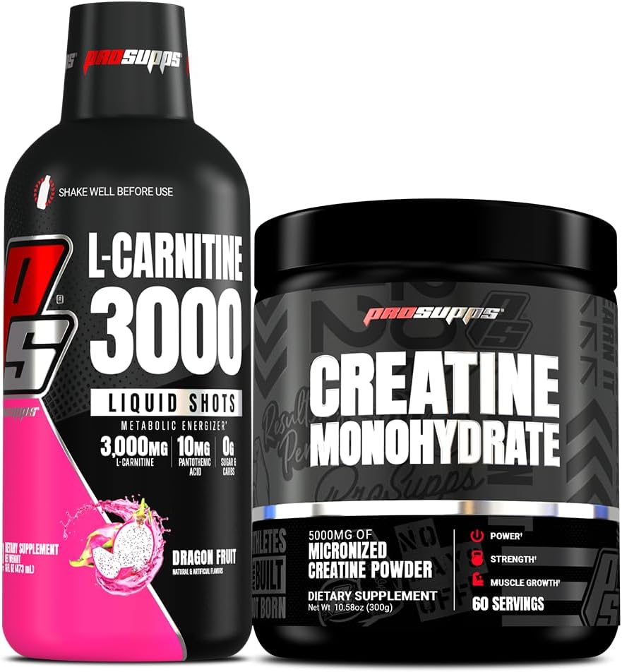 PROSUPPS L-Καρνιτίνη 3000 Διεγερτικές Δωρεάν Υγρές Σφηνές (31 Σερβίρεις, Δράκος Φρούτα) και Creatine 300 Μονοένυδρη (60 Υπηρεσίες) Bundle