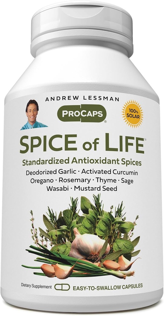 ANDREW LESSMAN Spice of Life 240 Κάψουλες - Οκτώ επιστημονικά καθιερωμένες εκχυλίσματα, συμπυκνώνει. Μπαχαρικά που προάγουν την υγεία. Σκόρδο, Κουρκουμίνη, Ρίγανη, Ρόζμαρι, Φασκόμηλο, Θυμάρι, Σπόροι μουστάρδας, Γουασάμπι