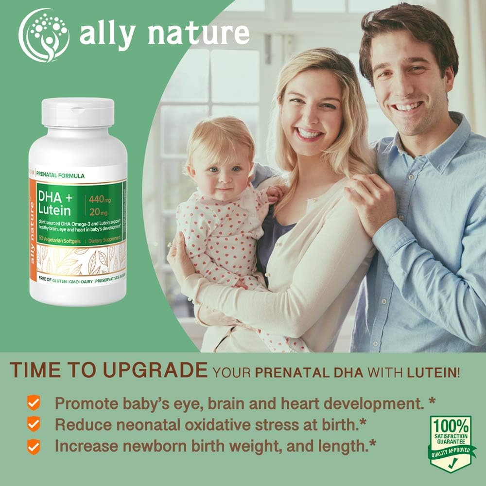 Vegan Προγεννητική DHA 440mg – Λουτεΐνη 20mg Για Εγκυμοσύνη – Μη ΓΤΟ Προγεννητική Πολυβιταμίνη Για Έγκυες Γυναίκες- Υποστήριξη Υγιεινού Εγκέφαλου, Οφθαλμού και Καρδιάς Στην Ανάπτυξη του Μωρού - 60 Softgels