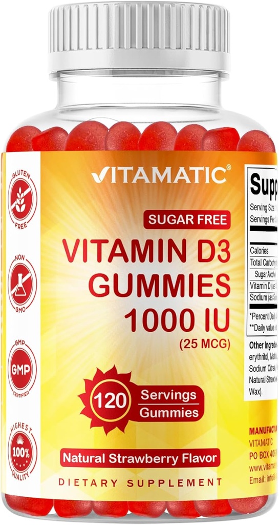 Vitamatic Sugar Free Vitamin D3-120 Pectin Based Gummies - Μεγάλη Γεύση - Υγιή Οστά, Mood & Immune System Function - Μη ΓΤΟ - 120 Μερίδες (1000 IU)