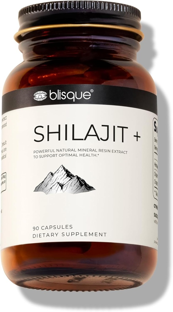 Blisque – Pure Himalayan Organic Shilajit Resin Extract Capsules | Authentic and Natural | Golden Grade A | Contains Fulvic Acid and Trace Minerals | 90 Capsules