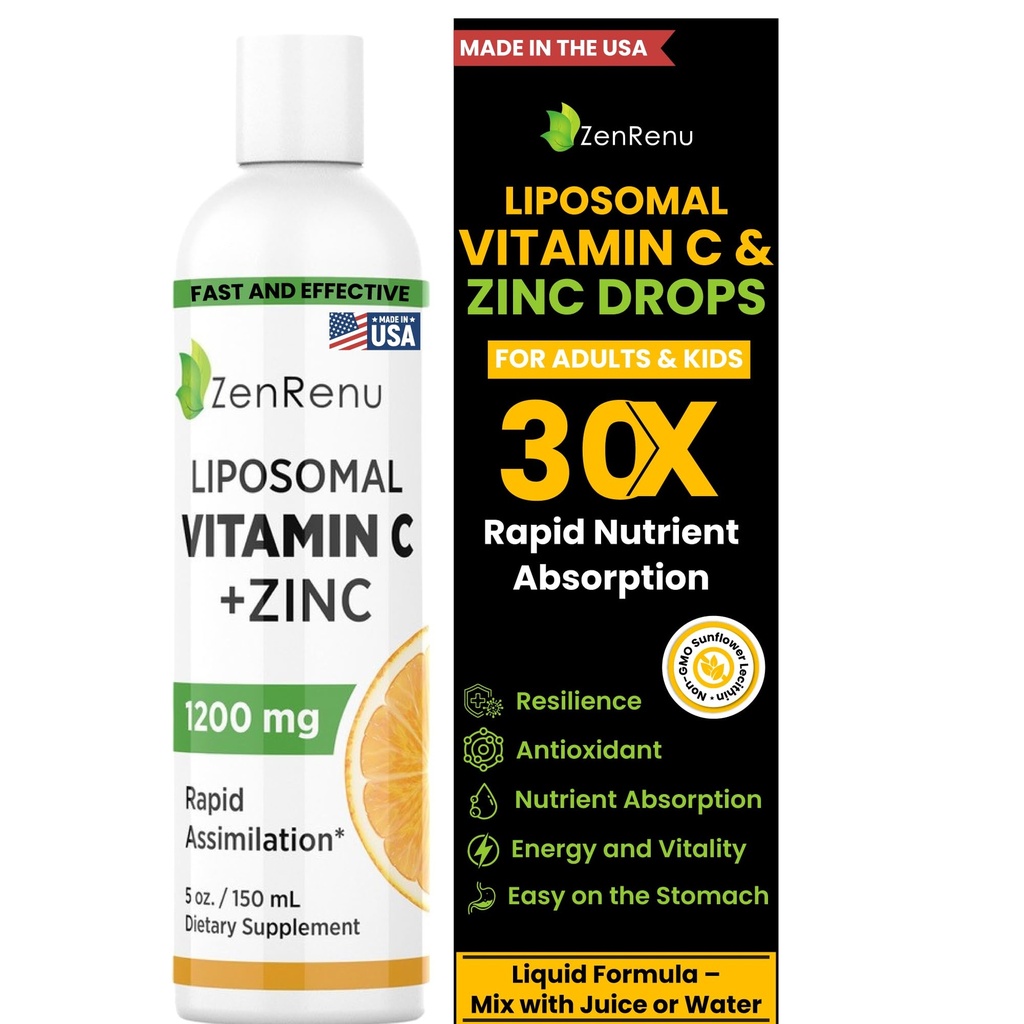 Liposomal Vitamin C and Zinc Liquid Drink for Adults & Kids - Non GMO Sunflower Lecithin - Max Antioxidant & Immune Support, 5 oz / 150 ml