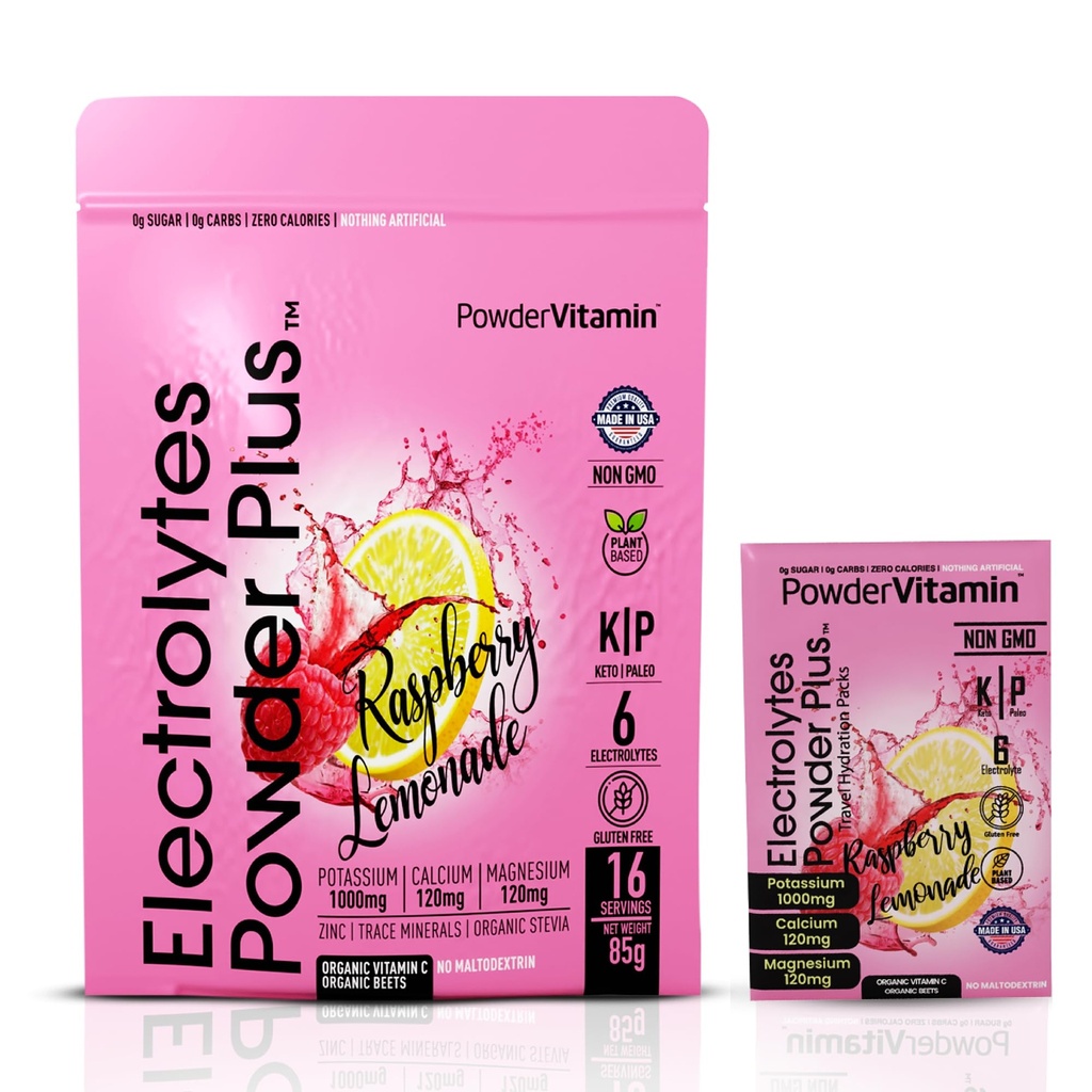 PowderVitamin Electrolytes σκόνη Plus, Keto, Raspberry Λεμονάδα, Χωρίς ζάχαρη, Pink αλάτι Ιμαλαΐων, 1000mg Κάλιο, 120mg Ασβέστιο, 120mg Μαγνήσιο, Μη-ΓΤΟ, Μη-Ζώες, (16 Πακέτα Ενυδάτωσης)