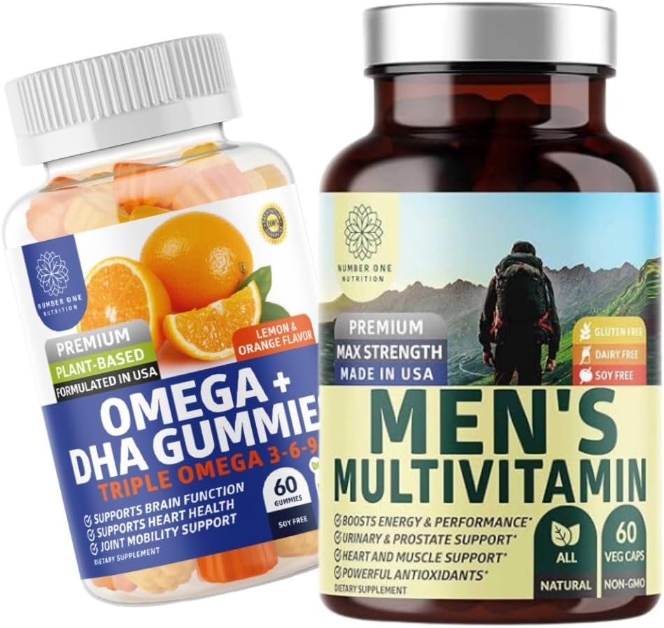 Number One Nutrition N1N Premium Men's Daily Multivitamin [Vitamins A C E D, Magnesium, Zinc] και Omega 3 6 9 + DHA Gummies [Vegan, Plant-based], 2 Pack Bundle