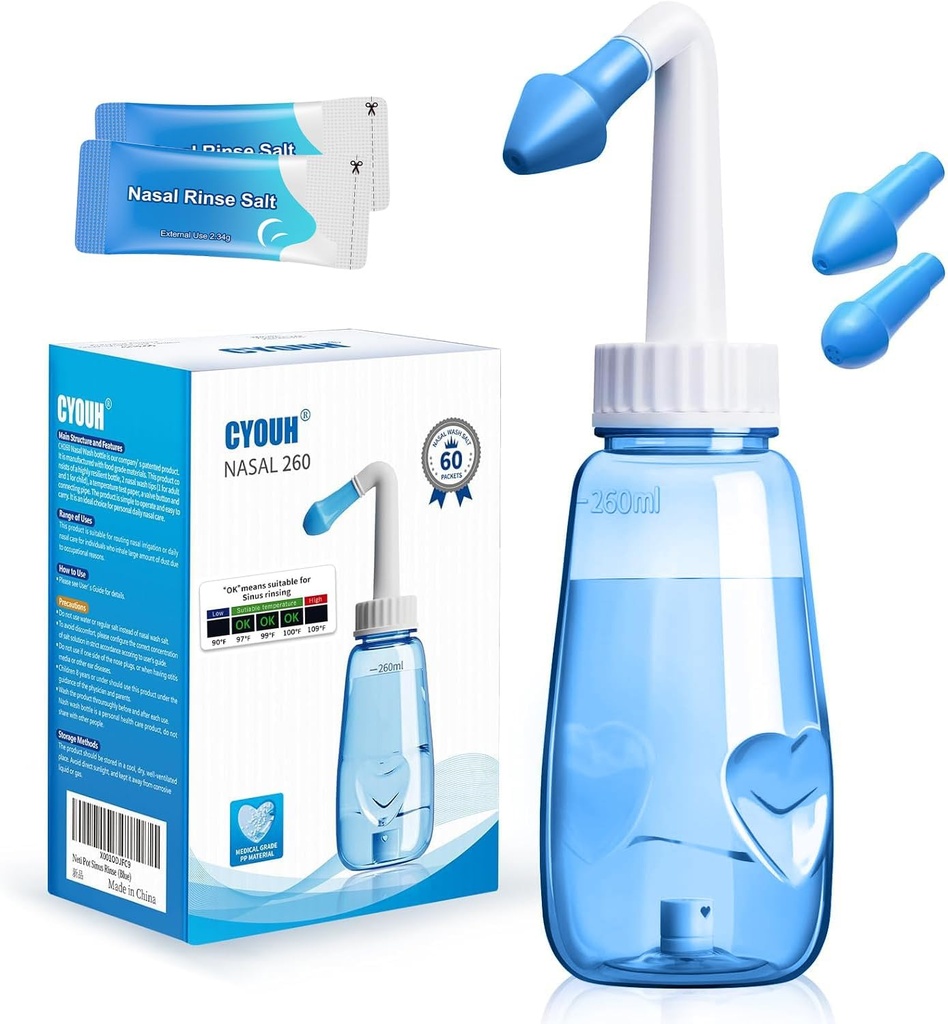 Neti Pot Sinus Ξεπλένω το μπουκάλι 260 ML με 60 Nasινικό αλάτι πλύσης και αυτοκόλλητο θερμόμετρο πλύσης μύτης Καθαρίζω πίεση Ξεπλένω Nasνική άρδευση για ενήλικες & παιδί BPA δωρεάν (μπλε)