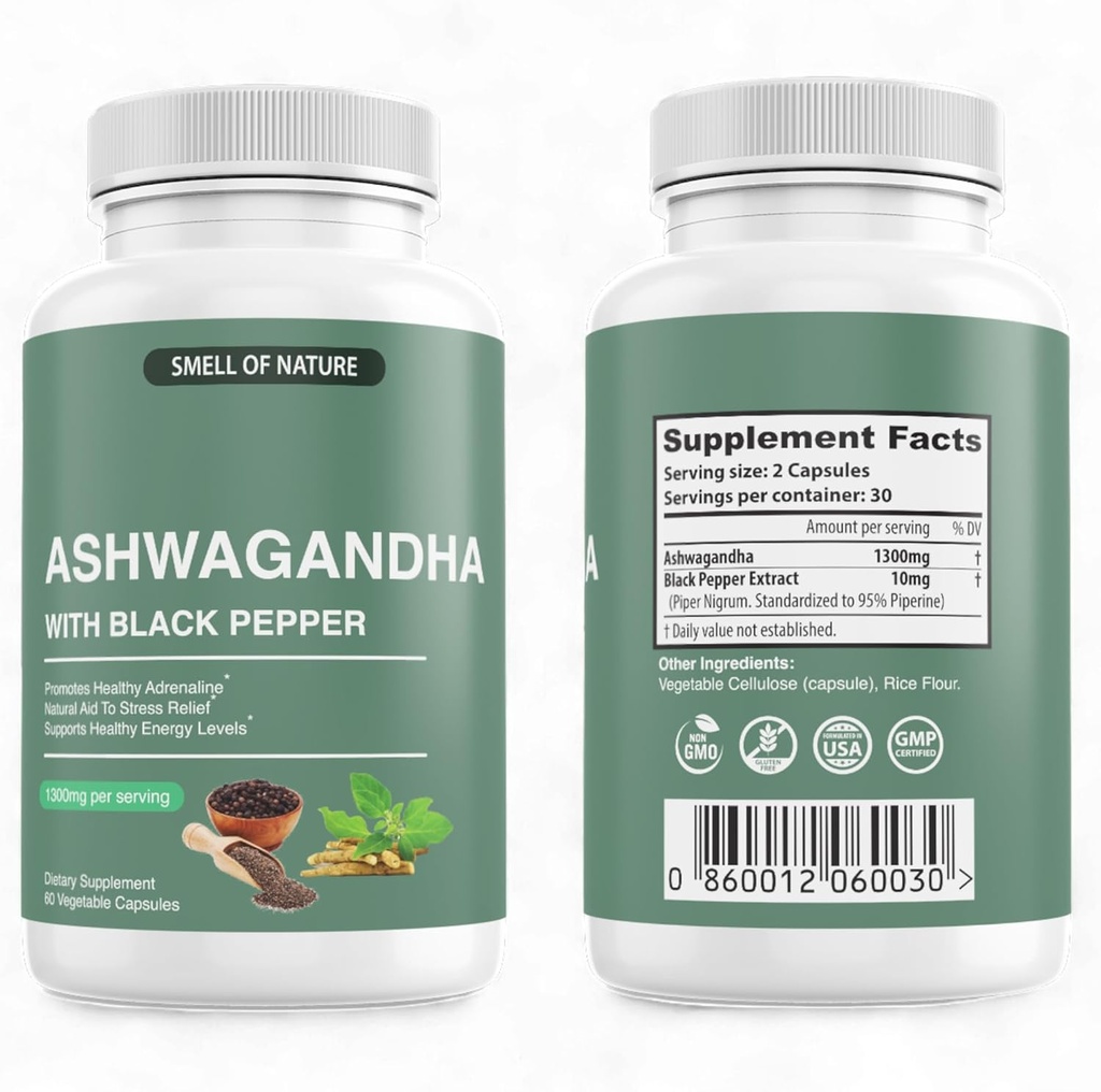 Συμπληρώματα οργανικής οσμής της φύσης Ashwagandha με εκχύλισμα μαύρου πιπεριού - 1300mg Pure Ashwagandha Extract - Ενεργειακή Υποστήριξη - Μη ΓΤΟ, Χωρίς γλουτένη, Vegan - 60 κάψουλες