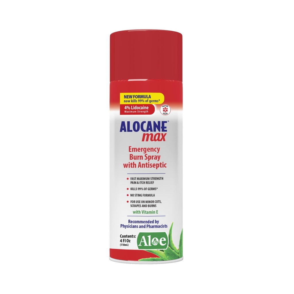 Ψεκασμός εγκαυμάτων έκτακτης ανάγκης ALOCANE, 4% Lidocaine Max δύναμη γρήγορη ανακούφιση Itch πόνου για μικρά εγκαύματα, εγκαύματα, κουζίνα πρώτων βοηθειών φροντίδα εγκαυμάτων, 4 fl Oz
