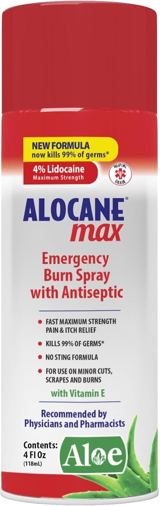 Ψεκασμός εγκαυμάτων έκτακτης ανάγκης ALOCANE, 4% Lidocaine Max δύναμη γρήγορη ανακούφιση Itch πόνου για μικρά εγκαύματα, εγκαύματα, κουζίνα πρώτων βοηθειών φροντίδα εγκαυμάτων, 4 fl Oz