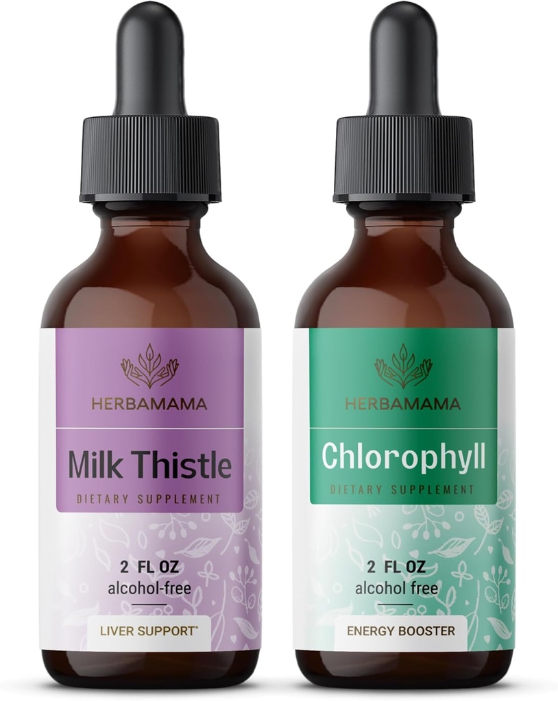 HERBAMAMA Herbal Liquid Drops Kit - Bundle of Milk Thistle Extract 2 fl oz and Liquid Chlorophyll 2 fl oz - Vegan Supplement Liquid Extract - Non GMO, Sugar & Alcohol-Free - 2 Pack