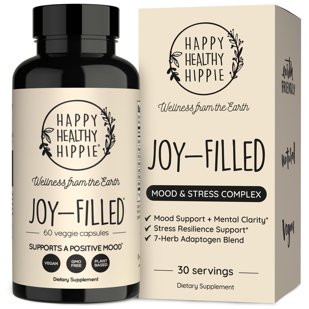 Joy-Filled Mood Support Supplement - 7 Herb Complex + St. Johns Wort | Stress Relief – Helps Calm The Mind & Body | 100% Plant-Based Happy Pills, Ashwagandha, Rhodiola Rosea | Adaptogens, 60 Ct