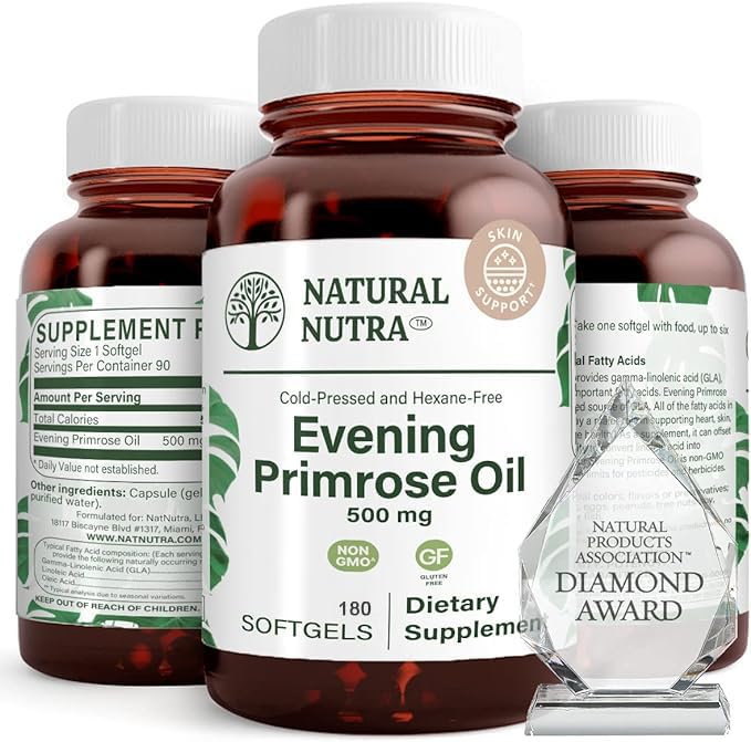 Natural Nutra Evening Primrose Oil συμπλήρωμα από το λίπος οξύ, βοηθά να ξεπεράσει τον πόνο του σώματος, νευρική υγεία, να προωθήσει Hearth Υγεία & Καθαρότητα του δέρματος, βοηθά στη μείωση Digestive δυσφορία, 500 mg, 180 Softgel