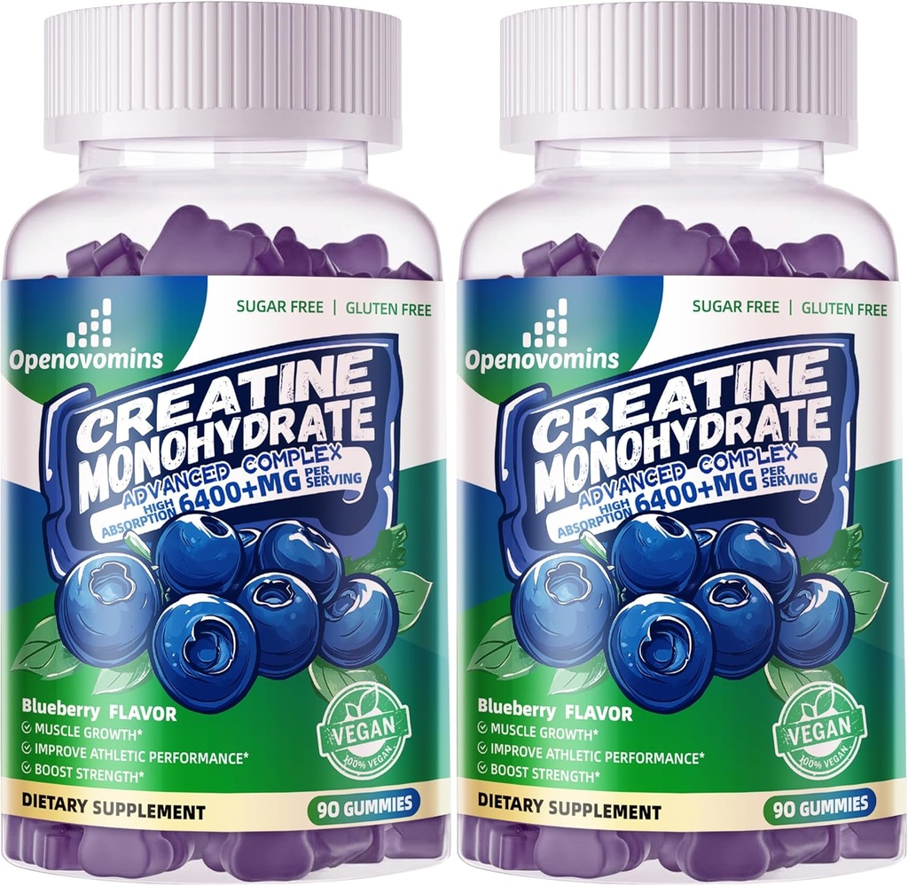 Creatine Monohydrate Gummies Complex for Men & Women -Προηγμένη Φόρμουλα W/L-Taurine + Βιταμίνη B12, Συμπλήρωμα χωρίς ζάχαρη Μασώμενα,180 Blueberry Gummies 2pack