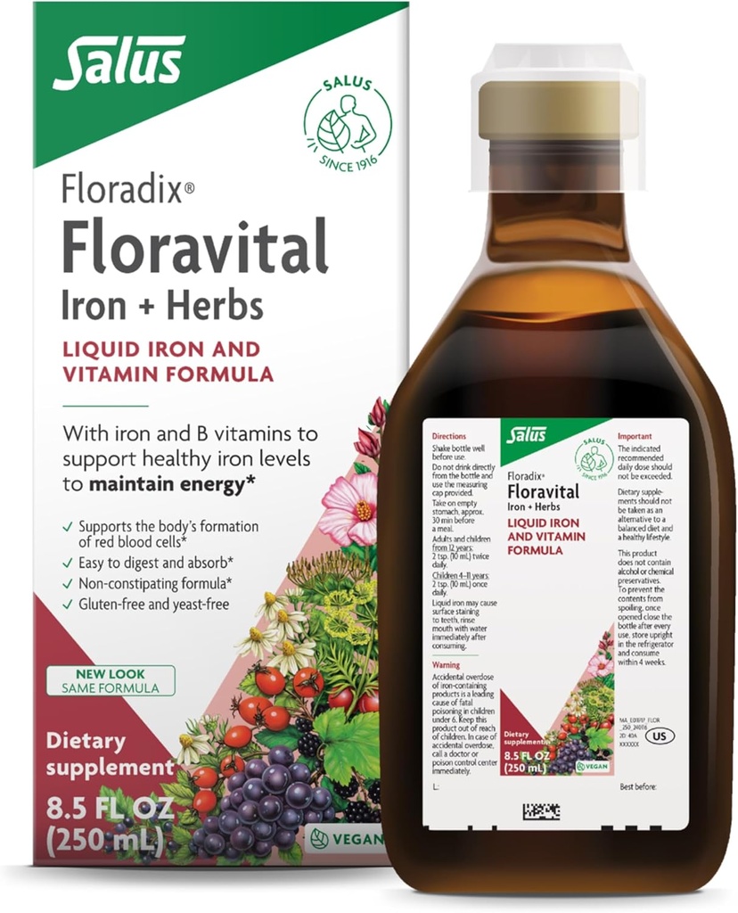 Floradix Floravital Liquid Iron & Vitamin Formula - Liquid Iron Supplement with C & B Vitamins & Herbs for Energy Support - Vegan, Gluten-Free, Yeast-Free & Non-GMO - 8.5 Fl Oz