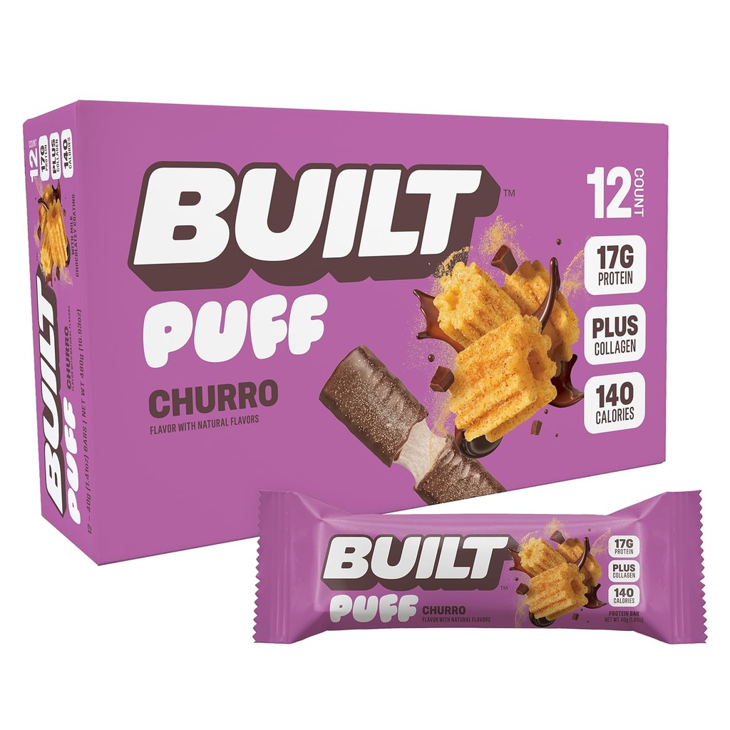 Χτισμένο Bar, Puff Protein Bars, Churro Puff, 17g Σνακ πρωτεϊνών, On-The-Go Bars, Μόνο 140 θερμίδες & 6g ζάχαρη, κολλαγόνο, χωρίς γλουτένη, 12 κόμης