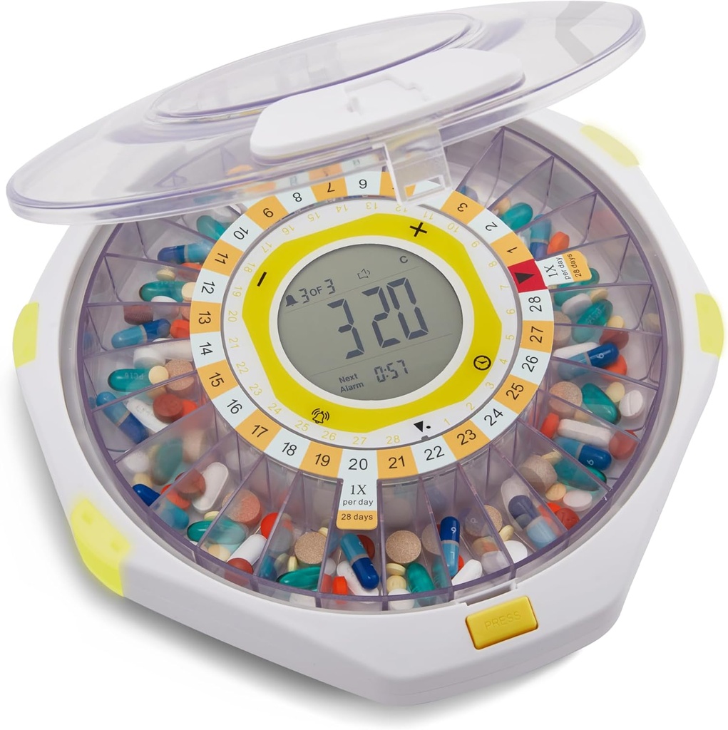 LiveFine Bluetooth αυτόματη συσκευή διανομής χαπιών, χωρητικότητας 28 ημερών, Sound & Light Alerts, Κλειδαριά, LCD & Easy Setup on The LiveFine App for Prescriptions, Medications, Βιταμίνες & Συμπληρώματα - Clear Lid