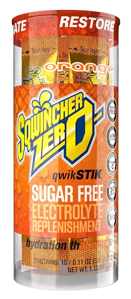 Sqwincher Zero Qwik Stik, Πορτοκαλί, Χωρίς ζάχαρη, Χαμηλή θερμίδα, Χαμηλό Νάτριο Ηλεκτρολυτικό Ποτό Ενυδάτωσης, .11 oz Packet (πακέτο 200)