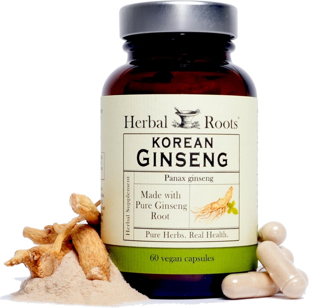 Herbal Roots Panax Ginseng | Organic Korean Ginseng Root Powder | 1000mg | High Ginsenosides for Energy & Performance | 60 Vegan Capsules