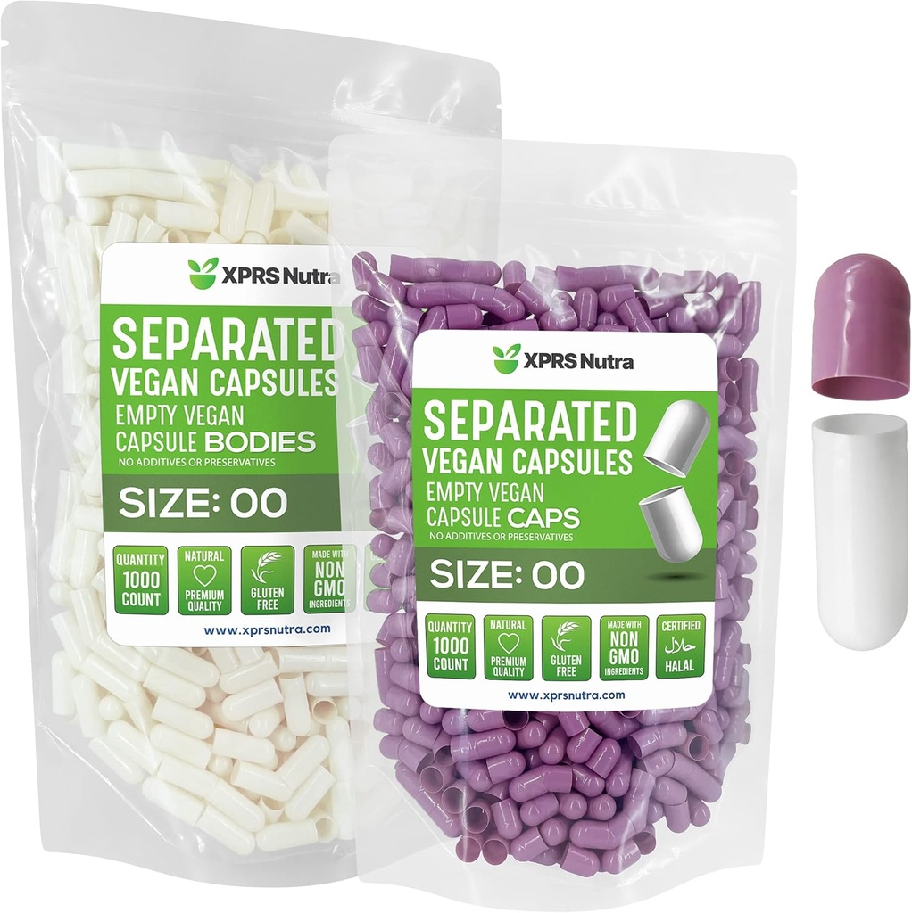 XPRS Nutra Vegan Μέγεθος 00 Χωριστές κάψουλες - 1000 Count Premium Άδειες κάψουλες χωρίζονται σε τσάντες - 00 Χάπια Κενά για συμπλήρωση συμπληρώματος DIY (Lavender/White)