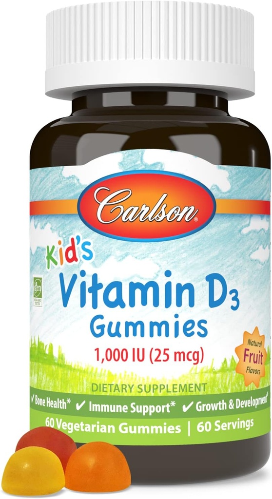 Carlson - Παιδική Βιταμίνη D3 Gummies, 1000 IU (25 mcg), Υγεία των οστών & Ανοσολογική Υποστήριξη, Ανάπτυξη & Ανάπτυξη, Βιταμίνη D Gummies, D3 Gummy Βιταμίνες, Φυσικές Γεύσεις Φρούτων, 60 Χορτοφαγικά Gummies