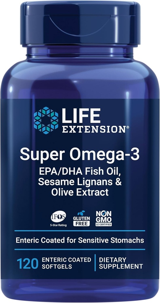 Επέκταση ζωής Super Omega-3 EPA/DHA Fish Oil, Sesame Lignans & Olive Extract – Καρδιά Υγεία, Εγκεφαλική Υγεία, Φλεγμονή Υγεία Υποστήριξη, Χωρίς γλουτένη, Enteric-Coated, Μη ΓΤΟ, 120 Softgels