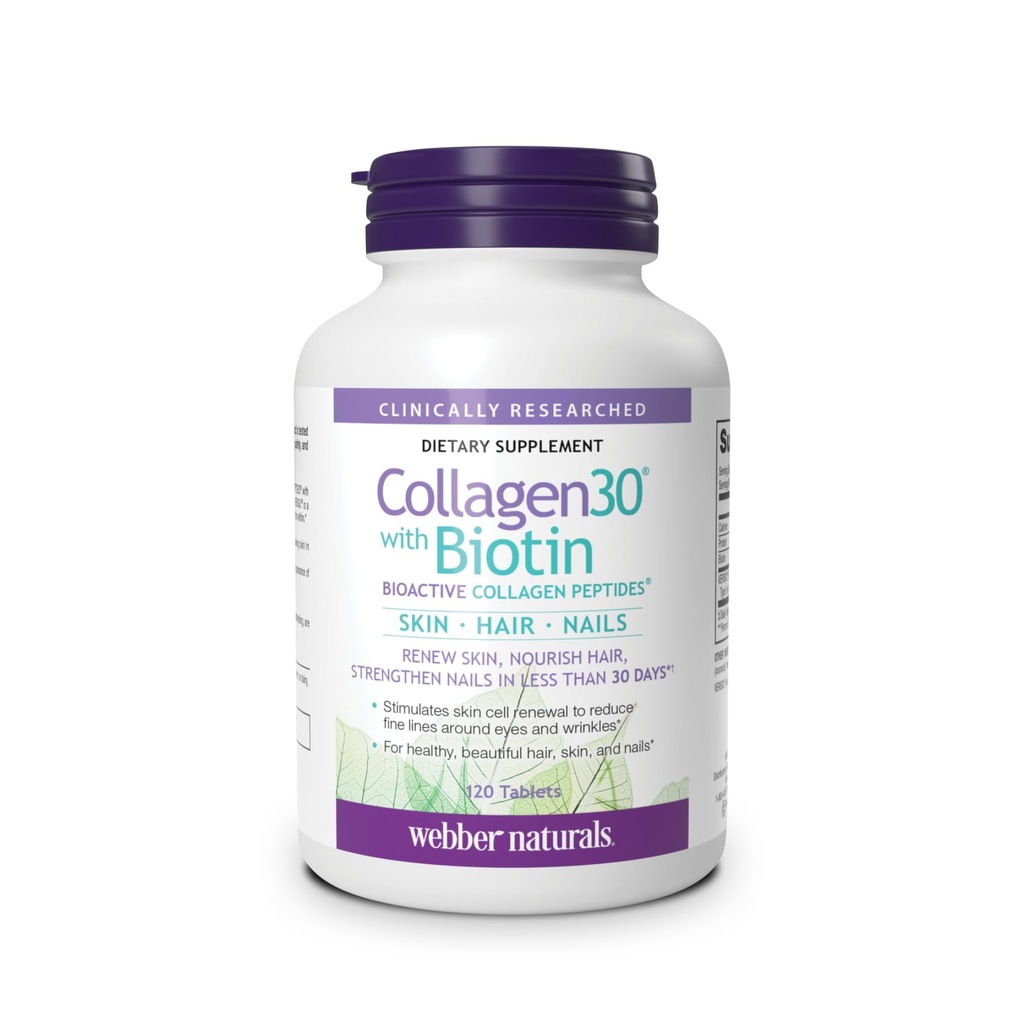 Webber Naturals Collagen30 με Biotin, 2.500 mg Bioactive Collagen Peptides με 5,000 mcg Biotin Per Serving, 120 Tablets, Για Σύνθετη Νόση Δέρματος, Μαλλιάς και Καρφιών, Γαλακτοκομικά & Γλουτένη Χωρίς