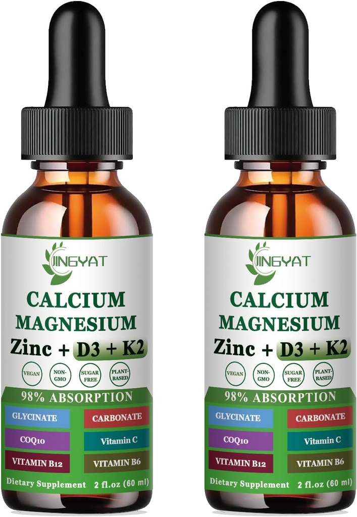 Calcium Magnesium Zinc Liquid Drops, Liquid Magnesium Glycinate 500mg Calcium 1000mg with Vitamin D3,K2,B6,B12,Coq10,6X Stronger Than Gummies Capsules (2 Pack)