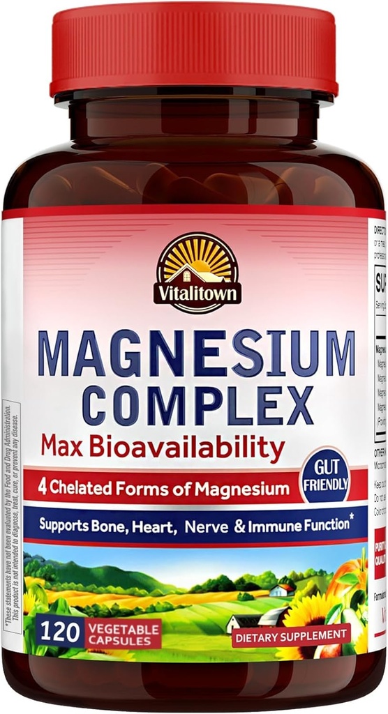 Vitalitown Magnesium Complex Supplement 500mg - NSF Certified Magnesium Glycinate, Malate, Taurate & Citrate - Χηλική Υψηλή Απορρόφηση & Απαλό στο στομάχι - Vegan Non-GMO 120 Κάψουλες