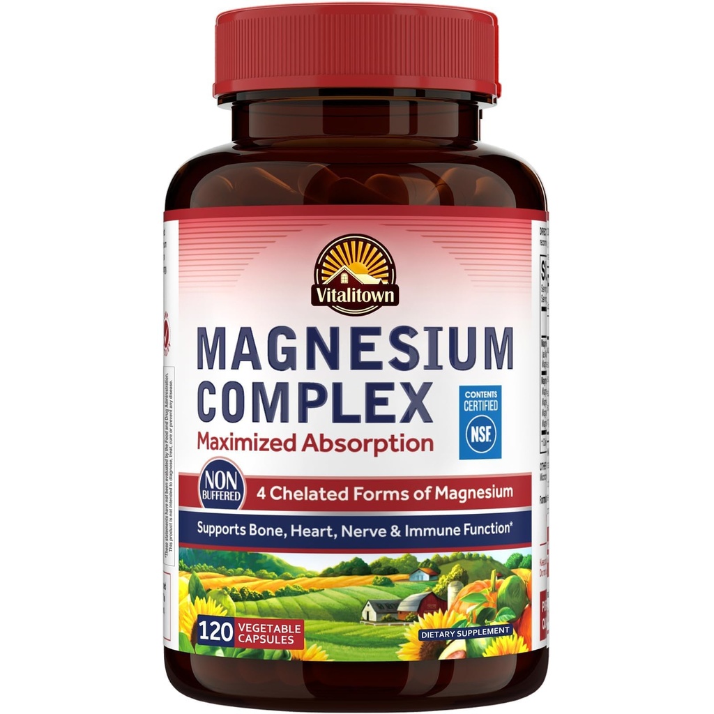 Vitalitown Magnesium Complex Supplement 500mg - NSF Certified Magnesium Glycinate, Malate, Taurate & Citrate - Χηλική Υψηλή Απορρόφηση & Απαλό στο στομάχι - Vegan Non-GMO 120 Κάψουλες