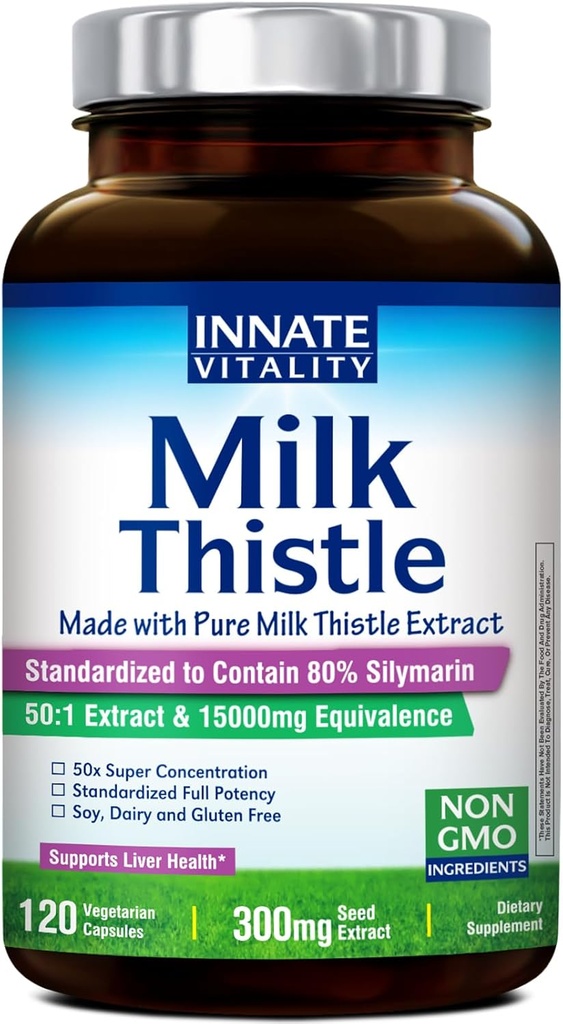Innternate Vitality 50:1 Organic Milk Thistle Supplement, 15000mg Ισοδύναμο (Εκχύλισμα 300mg), 80% Silymarin Flavonoids, Liver Health, Detox & Cleansing, Made in USA, Non-GMO, 120 Veggie Capsles