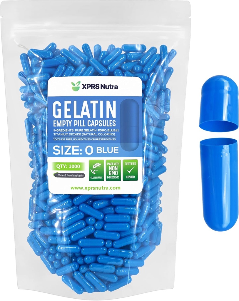 XPRS Nutra Size 0 Empty Capsules - Empty Gelatin Capsules - 1000 Count DIY Capsule Filling - Pure Bovine Pill Gel Caps for Do-It-Yourself Supplements (Blue)