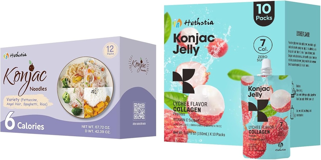 Hethstia Konjac Jelly Lychee Γεύση με Collagen Peptides 10 συσκευασίες και Konjac Noodles Variety Χωρίς γλουτένη 12 συσκευασίες Χαμηλή θερμίδα, Κέτο, Χωρίς ζάχαρη, Υγιεινή τροφή