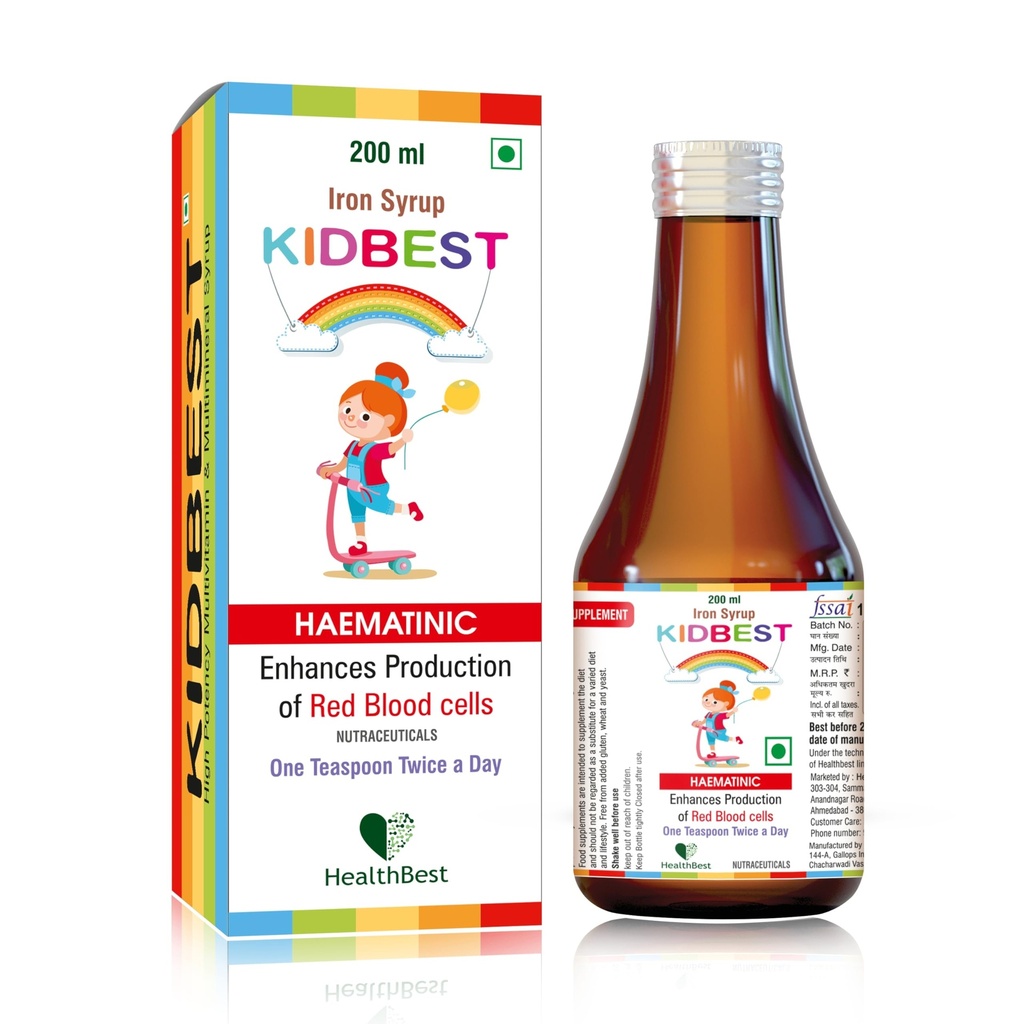HealthBest Liquid Iron Syrup for Kids – Triple Action with Folic Acid and Zinc – Ενισχύει την αιμοσφαιρίνη, την όρεξη και την ανοσία – Χωρίς μεταλλική γεύση – 200ml συμπλήρωμα υγρού, ασφαλές & αποτελεσματικό