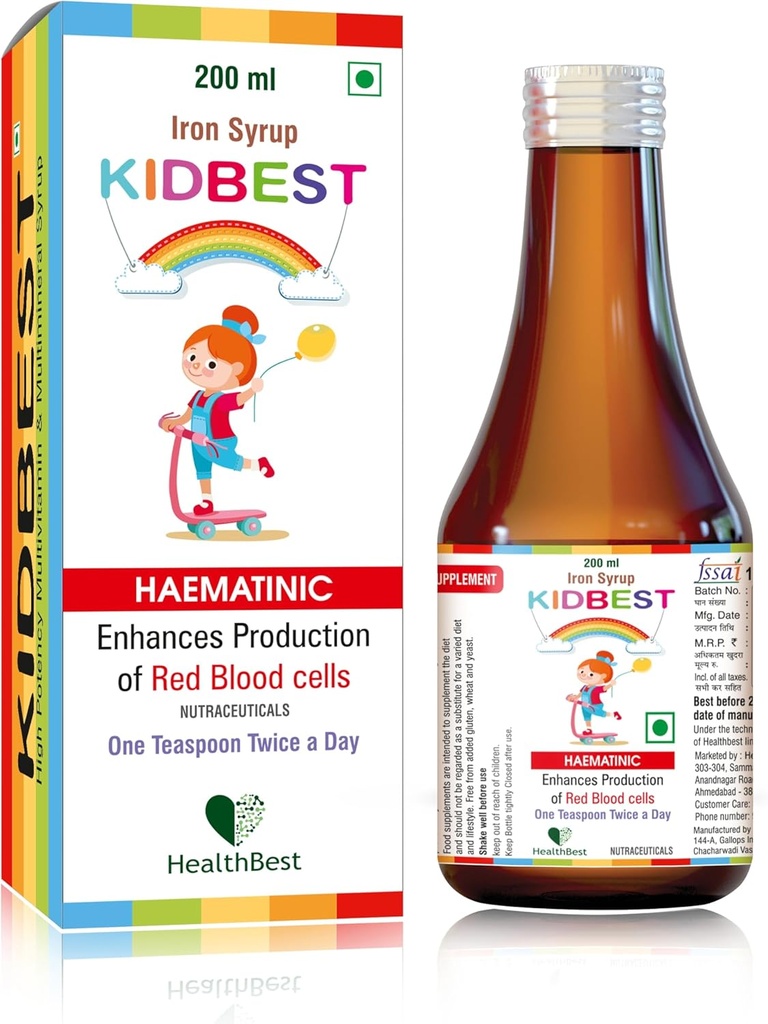 HealthBest Liquid Iron Syrup for Kids – Triple Action with Folic Acid and Zinc – Ενισχύει την αιμοσφαιρίνη, την όρεξη και την ανοσία – Χωρίς μεταλλική γεύση – 200ml συμπλήρωμα υγρού, ασφαλές & αποτελεσματικό