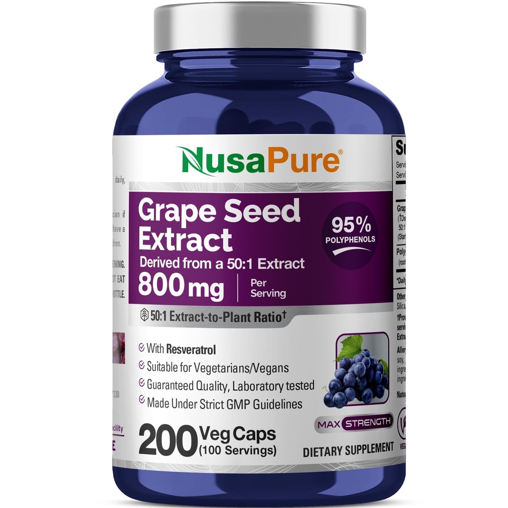 NusaPure Grape Seed Capsules, 800 mg, 200 Capsules (Non-GMO, Vegan)