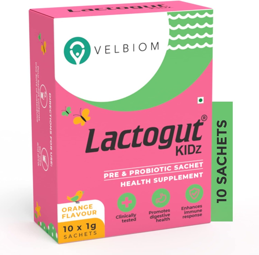 Lactogut Kidz Probiotics Σκόνη για τα παιδιά εύκολο να καταναλώνουν τα προβιοτικά για τα παιδιά υγεία κόκκων, γενική ευεξία και ανοσία Vegan Clinically Proven - 1Gx10 Sachets (Orange Flavour)